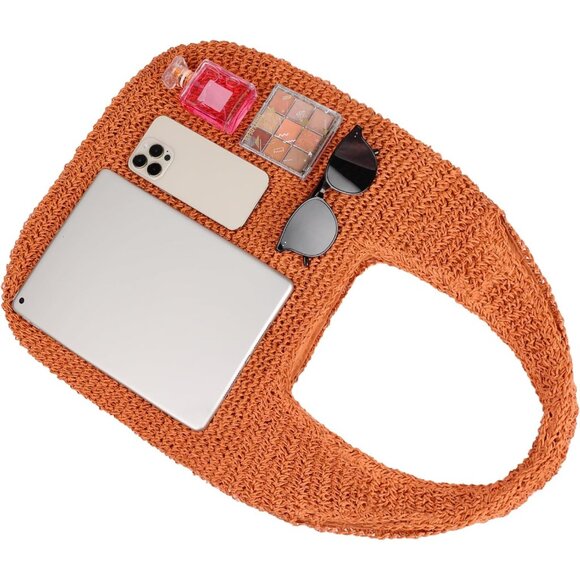 Women's Orange Large Straw Beach Bag Handmade Woven Shoulder Hobo Tote Handbag - Picture 4 of 5